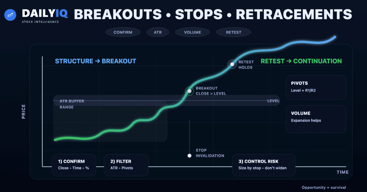 Professional breakout trading structure with ATR filters and stop management