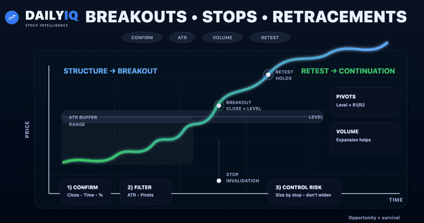 Professional breakout trading structure with ATR filters and stop management