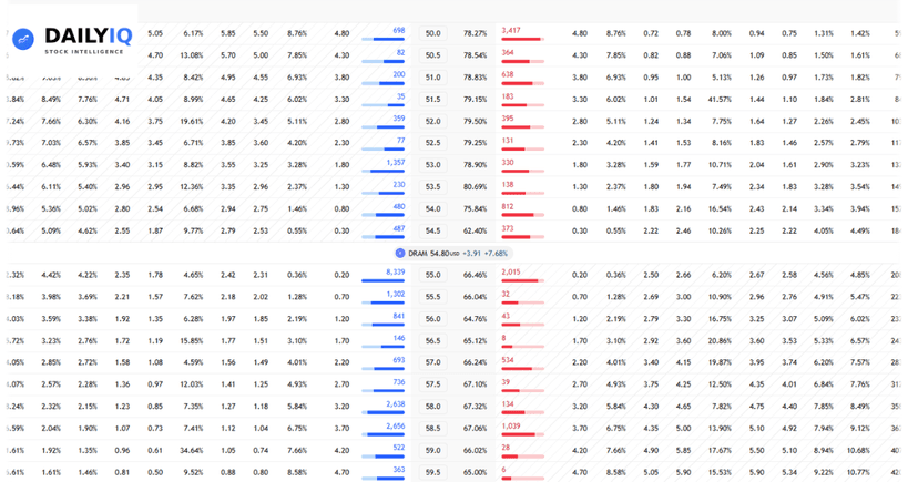 DRAM options chain showing call strikes, bid/ask, and premium
