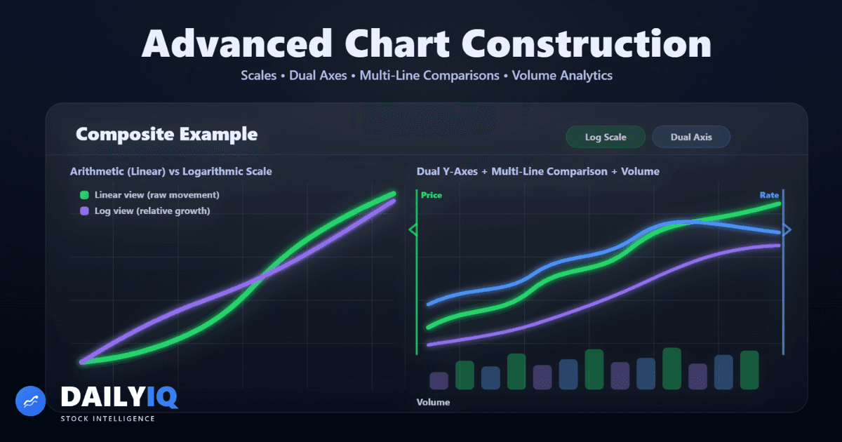 Illustration of log vs linear charts, volume bars, and comparative multi-line charting